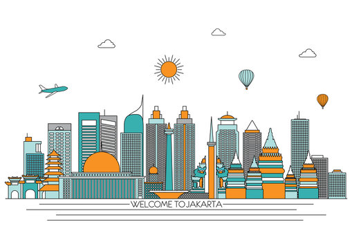 Jakarta detailed Skyline. Travel and tourism background. Vector background. line illustration. Line art style