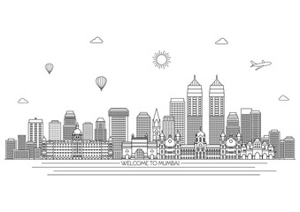 Fototapeta premium Mumbai detailed skyline. Travel and tourism background. Vector background. line illustration. Line art style