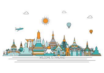 Fototapeta premium Thailand detailed Skyline. Travel and tourism background. Vector background. line illustration. Line art style