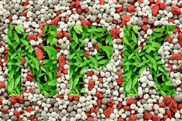 NPK letters made of green leaves on сomposite mineral fertilizers background