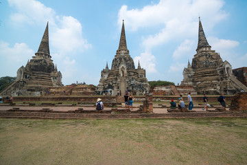Fototapeta premium Ancient Pagoda in Wat Phrasisanpetch (Phra Si Sanphet). Ayutthaya historical city, Thailand