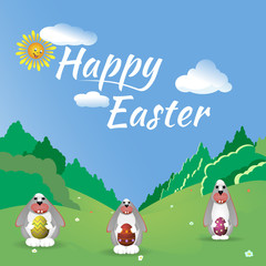 Three Easter bunny in the forest glade.