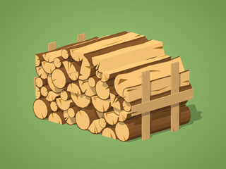 Firewood stacked in piles against the green background. 3D lowpoly isometric vector illustration