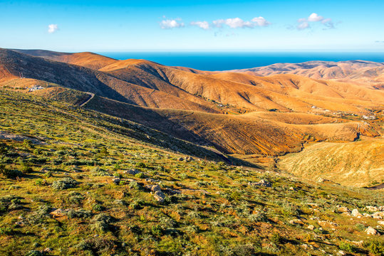 Aerial view on Fuerteventura island from Morro Velosa viewpoint with beautiful soft mointains landscape