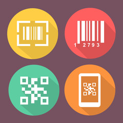 Bar and Qr code icons.  Smartphone symbols with Scan barcode. Circle flat buttons with icon.