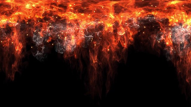 Abstract fire curtain wall burning from the sky with flame spark and ash falling in alpha transparent background pattern in 4k ultra HD