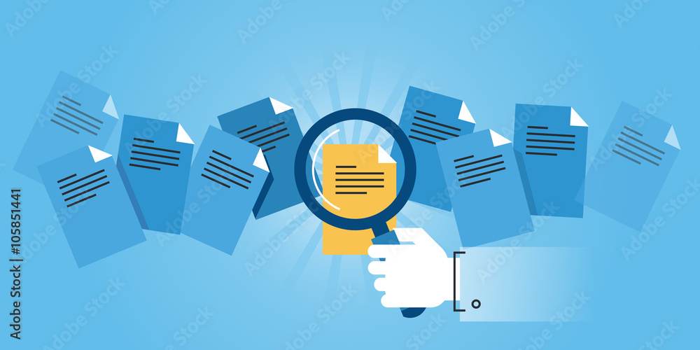 Poster flat line design website banner of document search. modern vector illustration for web design, marke