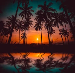 Cercles muraux Palmier Silhouette coconut palm trees on beach and reflection at sunset. Vintage tone.