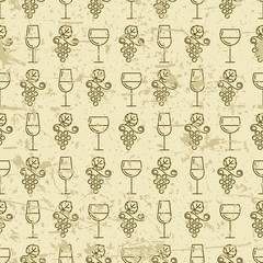 Vector seamless vintage pattern with outline vine grape and wine glass. Grunge old background. Design for print, package, wrapping paper, winery, wine list, alcohol drinks production.