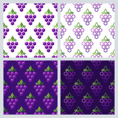 Set of vector seamless pattern with grapes. Flat background with grape. Geometric shape grapes vine made from hexagons. Concept for winery, wine menu. Alcohol drinks and food technology.
