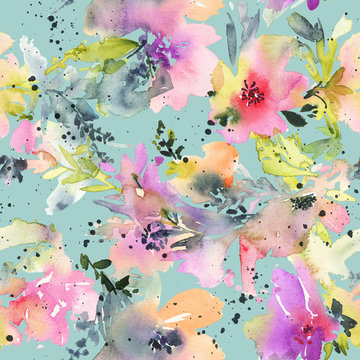 Abstract watercolor flowers. Seamless pattern © Karma