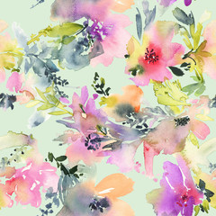 Abstract watercolor flowers. Seamless pattern