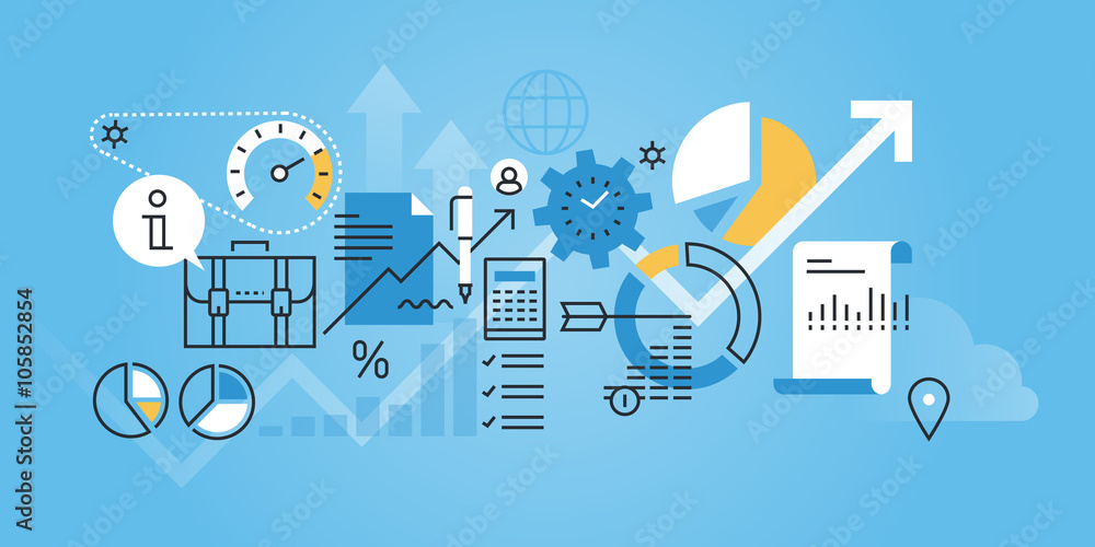 Poster flat line design website banner of business analysis and planning. modern vector illustration for we
