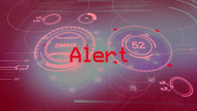 3D abstract motion radar or sensor interface screen with numbers, scale, red light signal and alert text warning on computer sreen pattern in 4k ultra HD