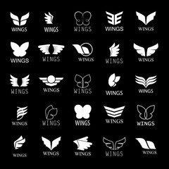 Wings Icons Set-Isolated On Black Background-Vector Illustration,Graphic Design.For Web, Websites, App, Print, Presentation Templates, Mobile Applications And Promotional Materials.Different Old Shape