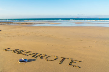 Lanzarote text written on the beach, Lanzarote, Canary Islands, Spain