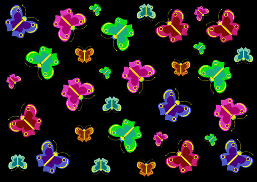 colored butterflies on a black background