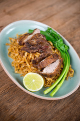 Thai fusion food, Egg noodle with grill chicken.