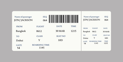 Vector image of airline boarding pass ticket with QR2 code. - obrazy, fototapety, plakaty