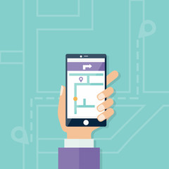 Man holding smartphone with mobile gps navigation