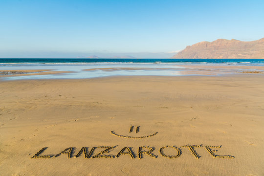 Lanzarote text written on the beach, Lanzarote, Canary Islands, Spain