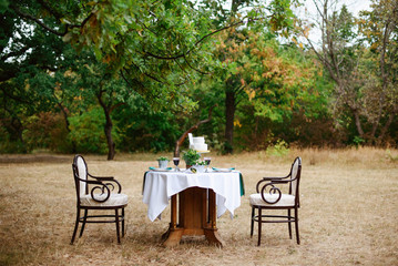 decorated table for two with floral composition on a background of park 