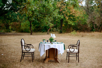decorated table for two with floral composition on a background of park 