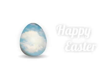 Easter egg with sky & clouds texture and Happy Easter text standing on a plain white background