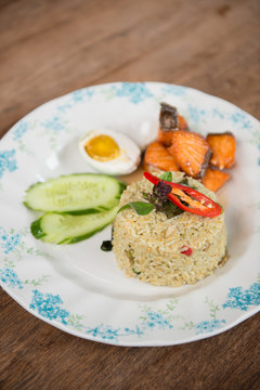 Green curry fried rice with salmon.