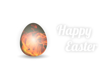 Easter egg with fire texture and Happy Easter text standing on a plain white background