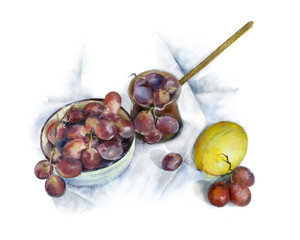 Watercolor painting. Italian still life with grapes and lemon on white background.