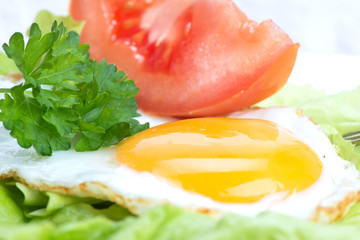fried eggs, lettuce, parsley, tomato