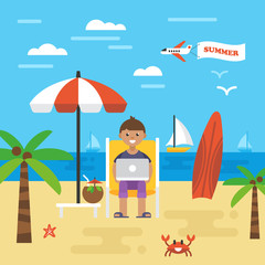 Summer holiday vacation with freelancer working on beach. Icons
