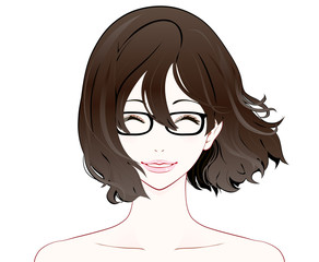 メガネをかけた女性の表情 / 笑顔 / ヌード / なびく髪
