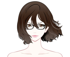 メガネをかけた女性の表情 / 決意 / ヌード / なびく髪