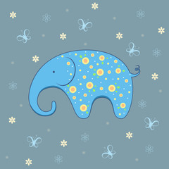 Vector illustration of elephant on background with butterflies and flowers