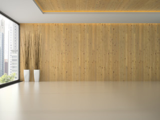 Empty room with wooden wall 3D rendering