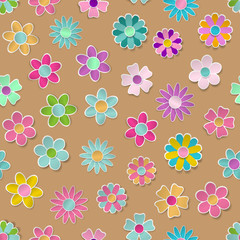 Seamless pattern of multicolored paper flowers