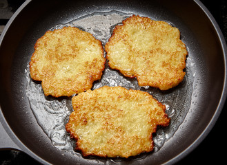 Potato pancakes in a frying pan . Food background