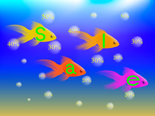 Gold fish with the word sale / Gold fish under water with the word sell, the bubbles rise with numbers