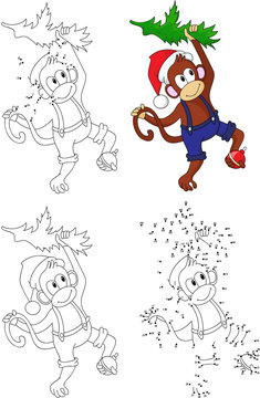 Cartoon Christmas monkey. Coloring book and dot to dot game for