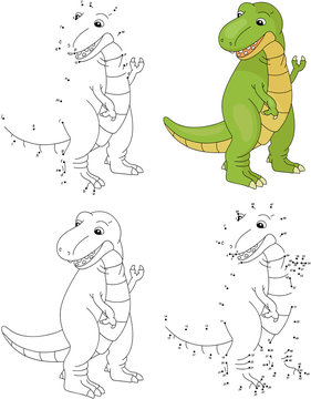 Cartoon tyrannosaur. Coloring book and dot to dot game for kids