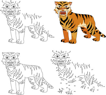 Cartoon saber-toothed tiger. Coloring book and dot to dot game f