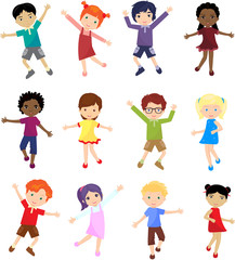 Boys and girls jump, laugh and dance together