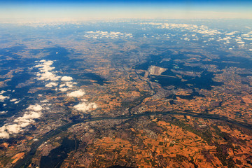 Aerial view on Frankfurt, Germany, seen from the sky on a clear day in summer