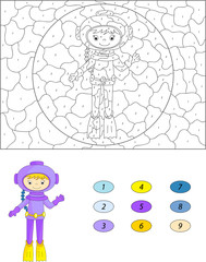 Cartoon diver. Color by number educational game for kids