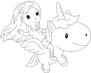 Long-haired girl flying on a fairy unicorn