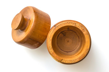 Wooden jar with lid off to the side leaning top view