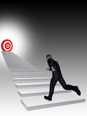 Conceptual 3D business man running, climbing stair with red target