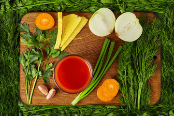Group of different raw vegetables with tomato juice / healthy diet food lifestyle